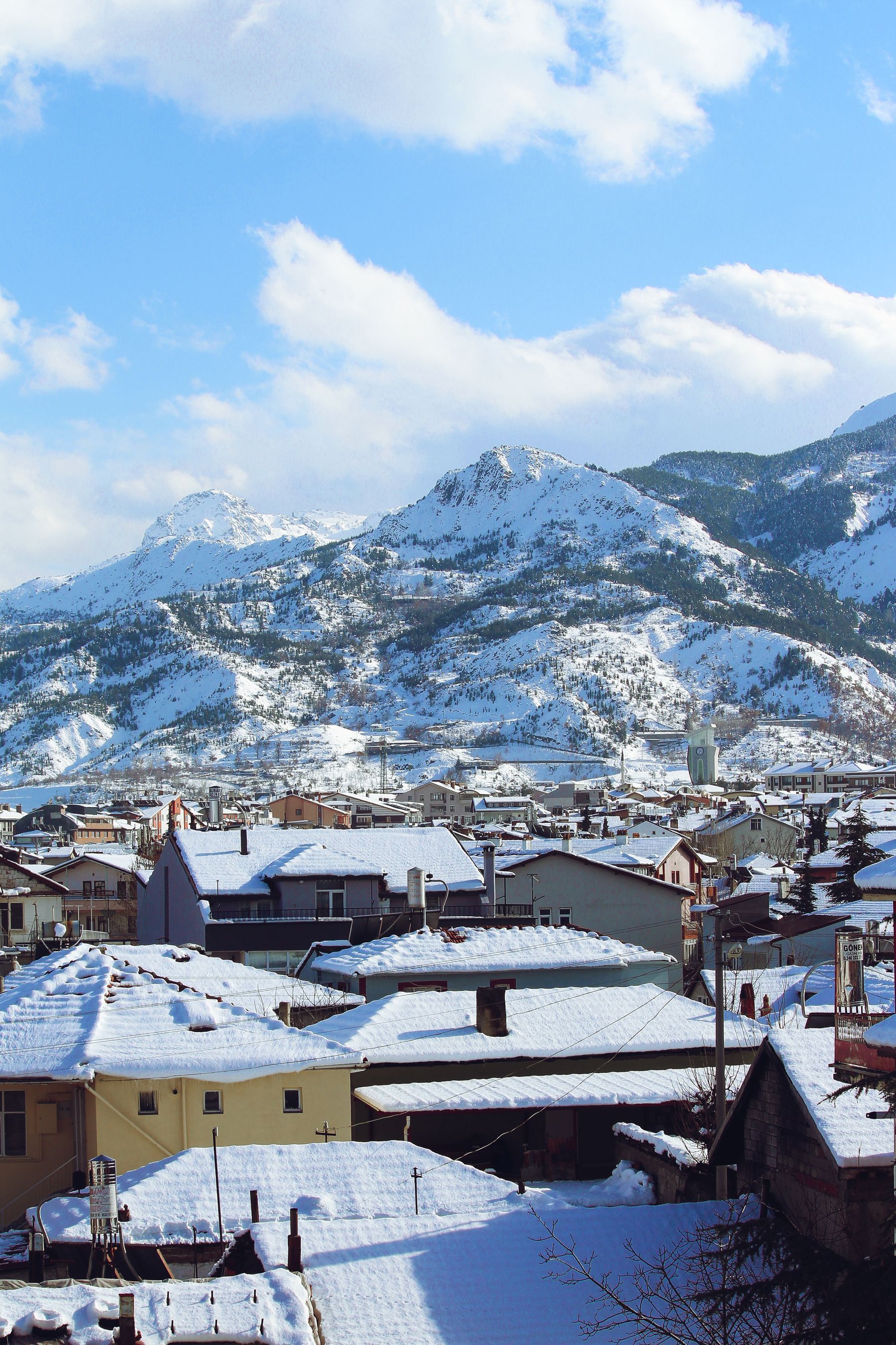 Snowy mountains rising above a valley town